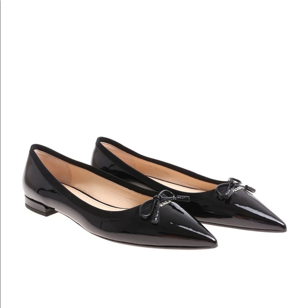 Auth. Prada Bow Logo Pointed Ballet Flat